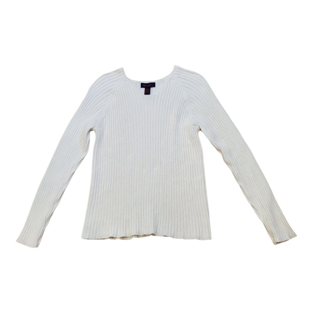 DENIM & CO SZ L Men's Ramie/Cotton Blend V-Neck Ribbed Knit Sweater in Off White